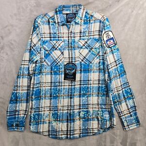 Angry Minnow Clothing Co Mens medium Long Sleeve Plaid Flannel Shirt Hamm's Beer